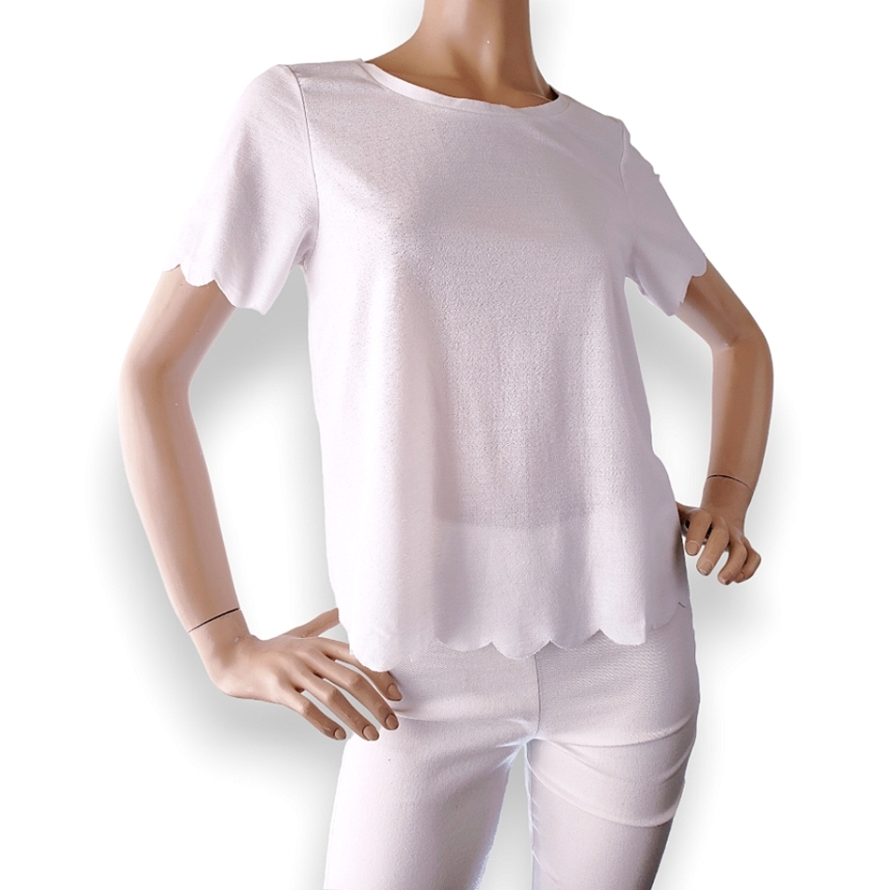 Topshop White Scalloped Edge, Semi Sheer T-Shirt